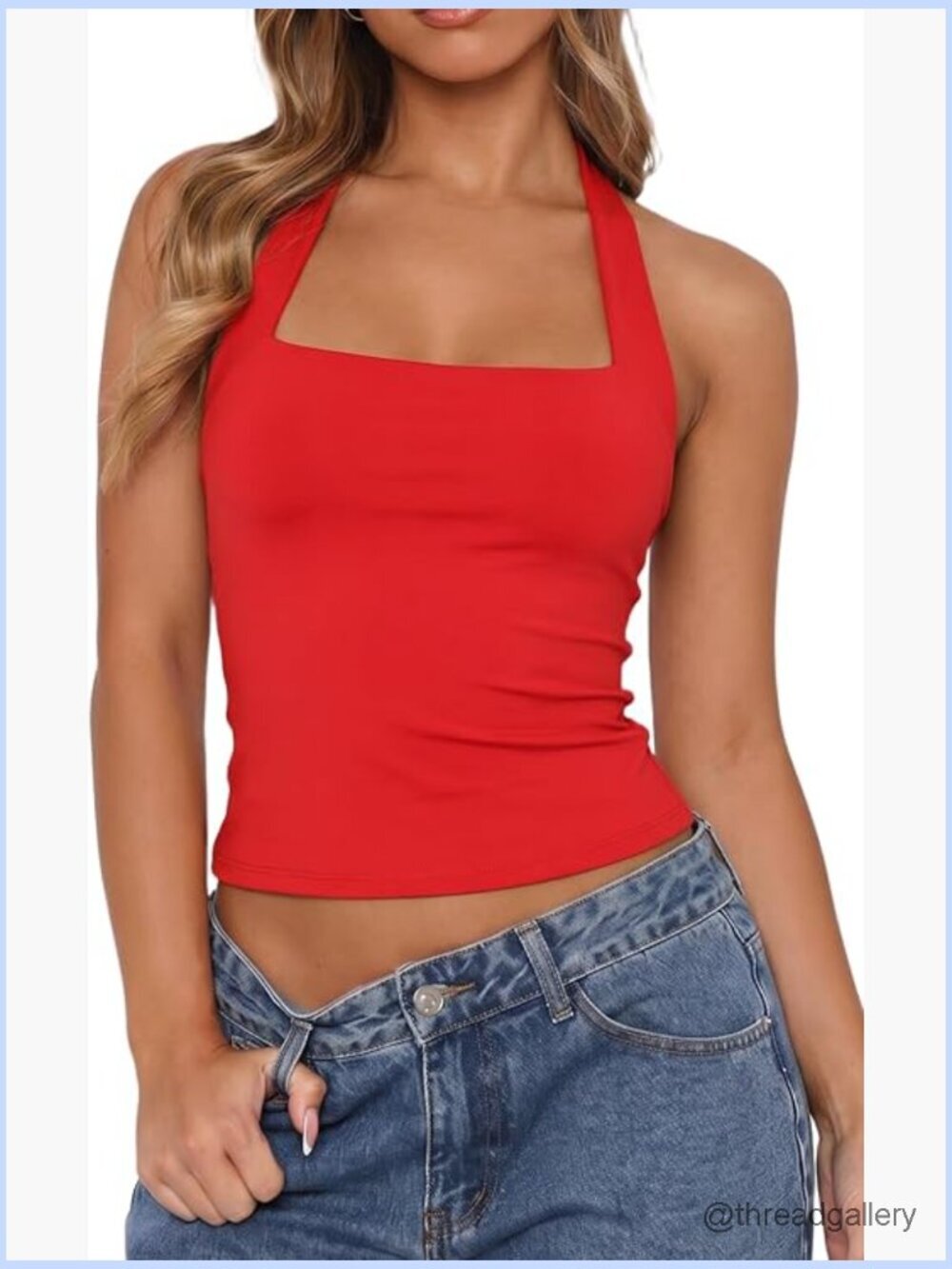 Sleeveless Square Neck Halter Tank Top Button Closure Crop Cami